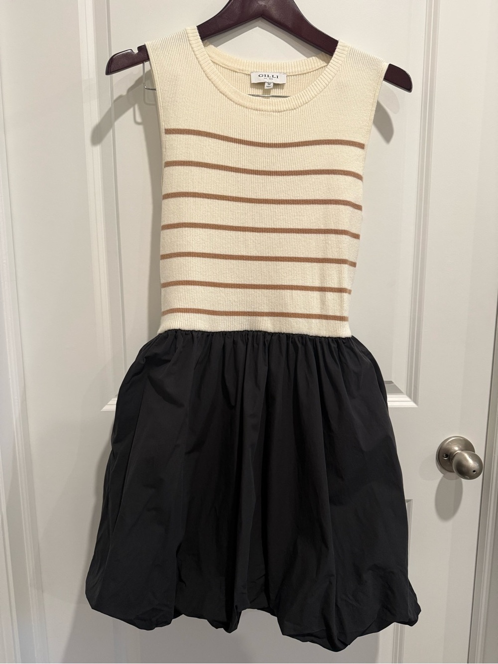 Gilli Cream Knit Striped Top with Black Bubble Skirt with Pockets